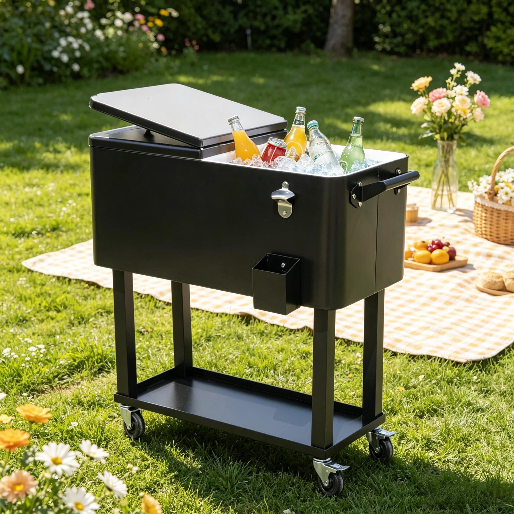 80 Quart 20 Gallon Rolling Outdoor Patio Cooler Cart, Beverage Ice Chest with Lockable Wheels, Built-in Bottle Opener & Drain Plug with Bottom Storage Shelf for Backyard Pool BBQ Party
