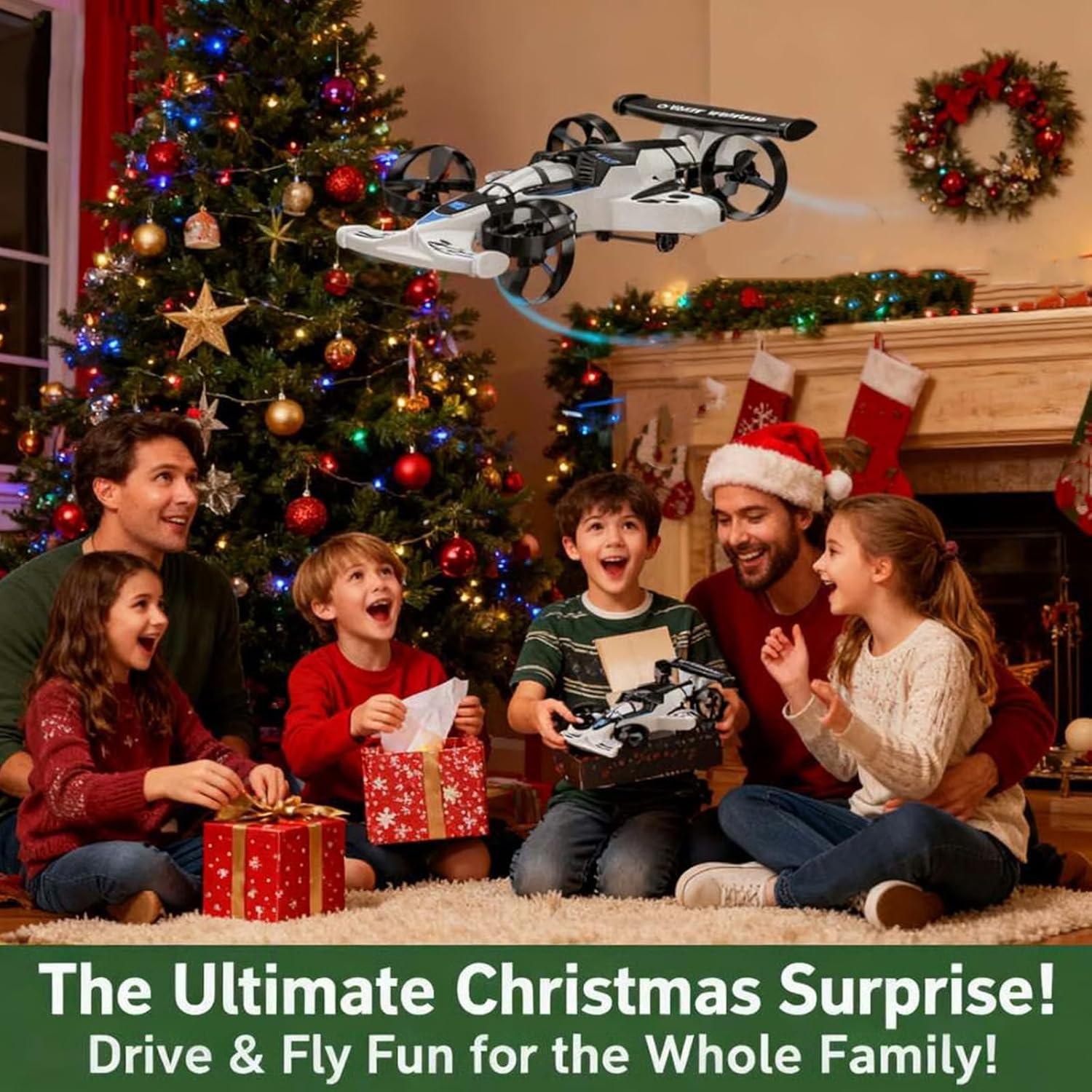 Rechargeable Dual-Mode Car Drone, 2-in-1 Flying Remote Control Car, Dual-Mode Rc Vehicle with LED Lights, One-Button Takeoff, Stunt Flips, USB Rechargeable Ground & Air Remote Control Toy (White)