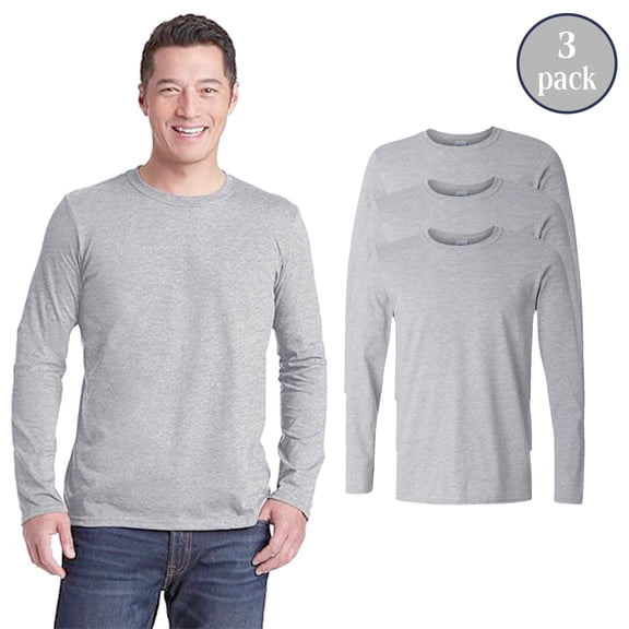 Gildan Softstyle Long Sleeve T-Shirt, Men's Comfortable Crewneck Bulk Tee, Sport Grey, 3-Pack, S