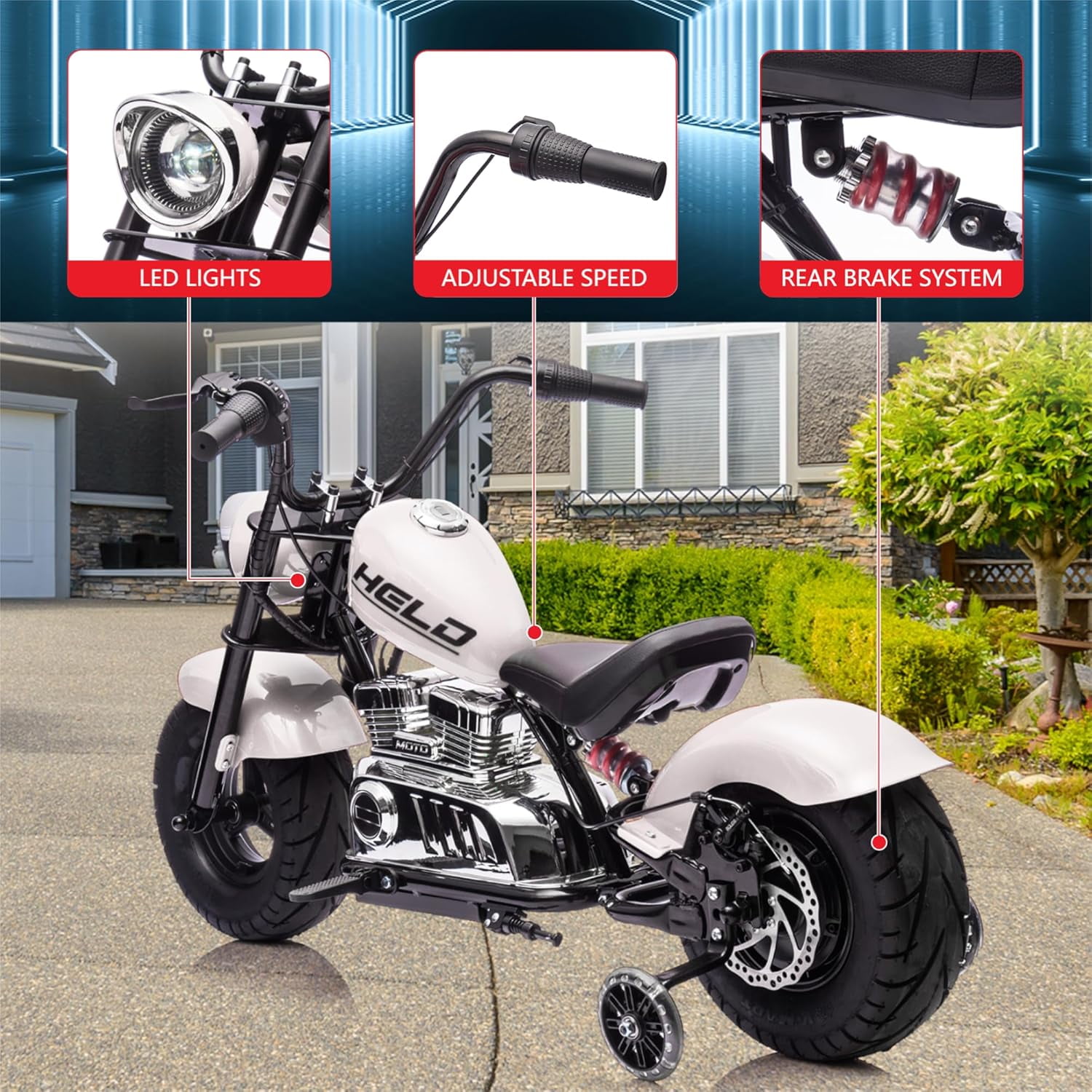 Rugerasy 36V 350W Ride On Off-Road Motorcycle,Electric Dirt Bike for Teens,Fast Speed 16.5mph with Music,Spring Suspension,Led Light,White
