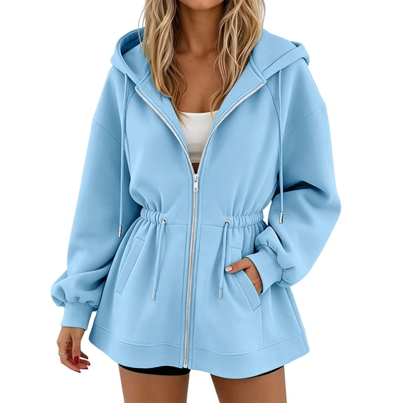 LEKWK Zip up Hoodie Women Drawstring Waist Drop Shoulder Fleece Jacket with Pockets Long Sleeve Lightweight Casual Fall Outerwear Blue XL