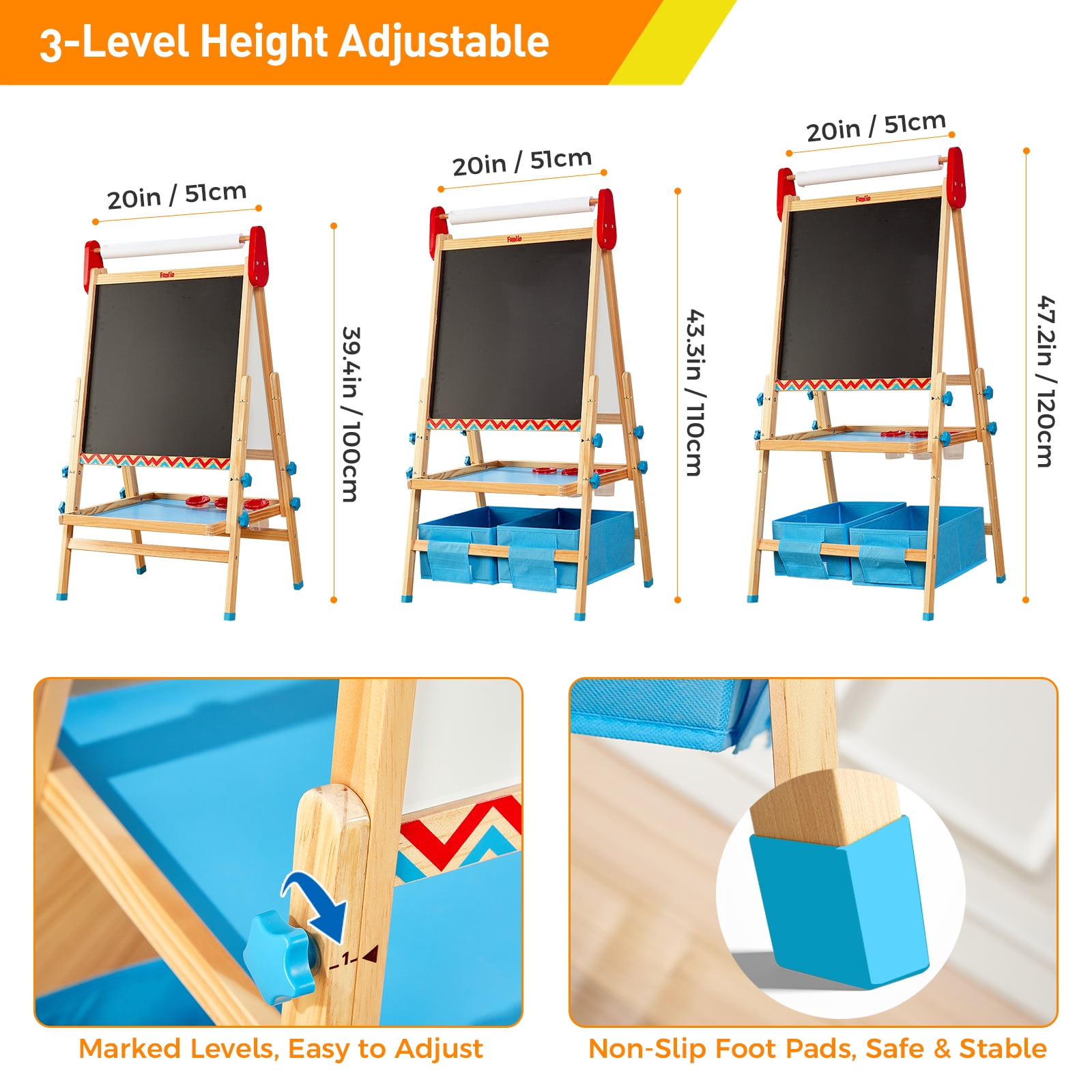 FUNLIO Art Easel for Kids Aged 2-8, 3-Level Height Adjustable, All-in-One Standing Easel with Paper Roll