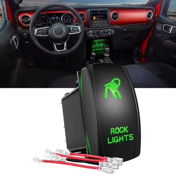 Waywe Rock Lights Rocker Switch Led Light Bar Switch 5Pin Laser On Off SPST switches 20A 12V 10A 24V Switch Green with Jumper Wires Set for Cars Trucks RVs