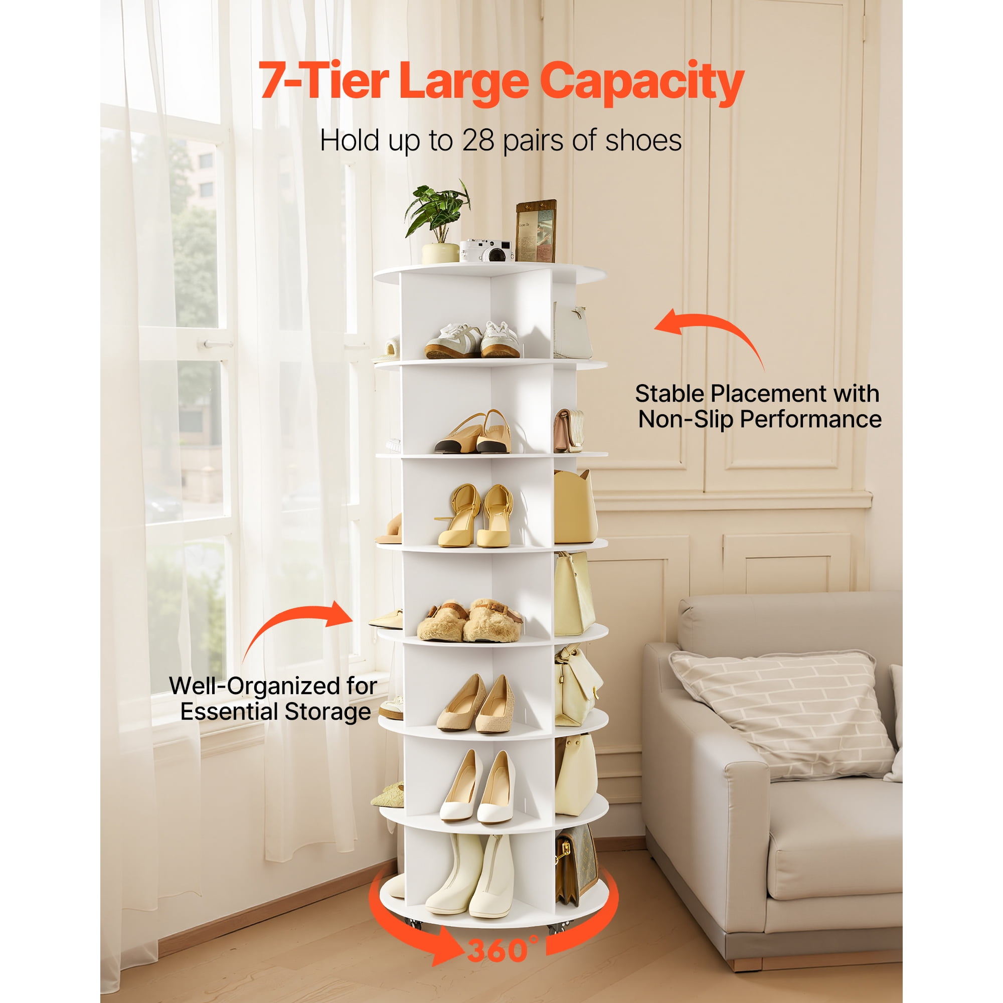 KFFKFF 7-Tier Rotating Shoe Rack Tower with Wheels, 360° Spinning Carousel Organizer, Movable Closet Shelf for Entryway or Living Room, White