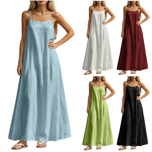 Noric Women's Spaghetti Strap Maxi Dresses Sleeveless Square Neck Loose Fit A Line Summer Camisole Dresses