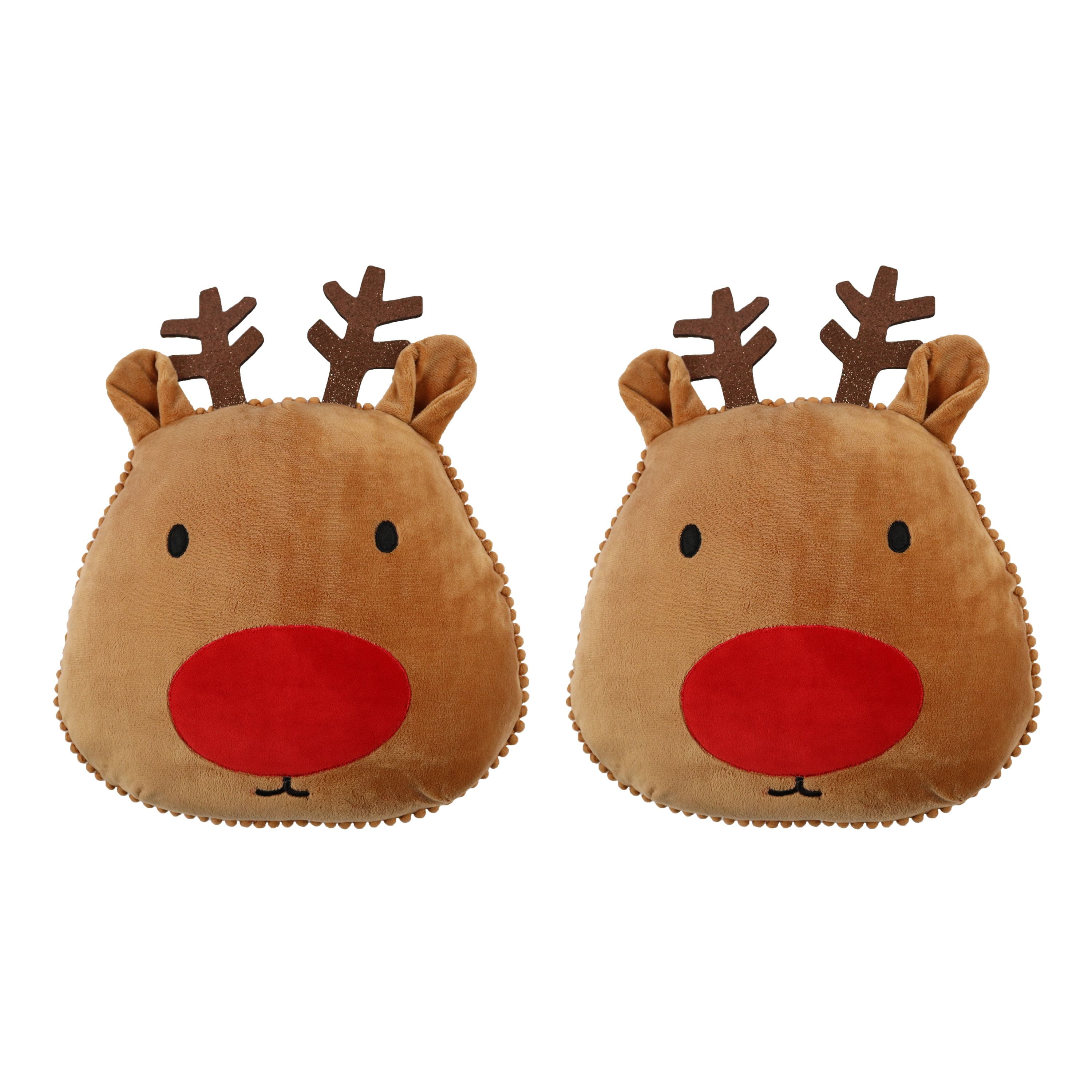 Holiday Time 12inch Reindeer Shaped Decorative Pillow, Brown and Red, 2 Count per Pack