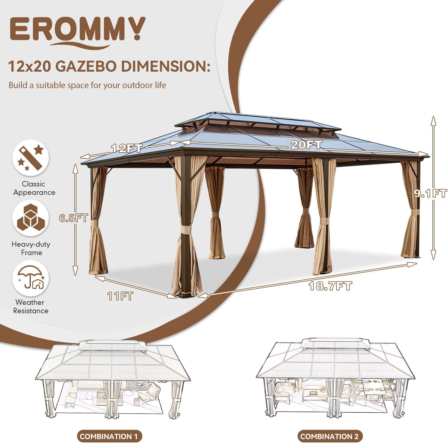 EROMMY 12'x20' Gazebo Polycarbonate Double Roof Canopy with Aluminum Frame, Outdoor Permanent Metal Pavilion with Netting and Curtains for Garden Patio Lawns