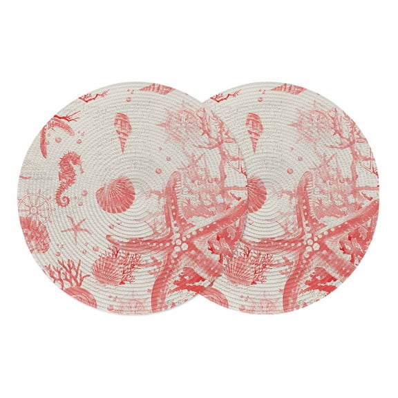Coastal Red Round 15 Inch Placemats Set of 2, Nautical Coral Seahorse Starfish Shell HeatResistant Non Slip Place Mats for Dining Table, Wipeable Braided Kitchen Table Mats for Housewarming