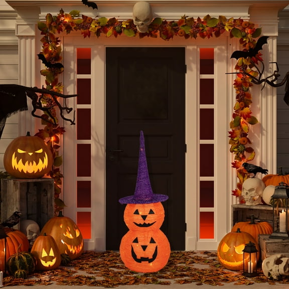 Northlight Pop Up Lighted Tinsel Stacked Jack-O-Lanterns Halloween Decoration - 30"