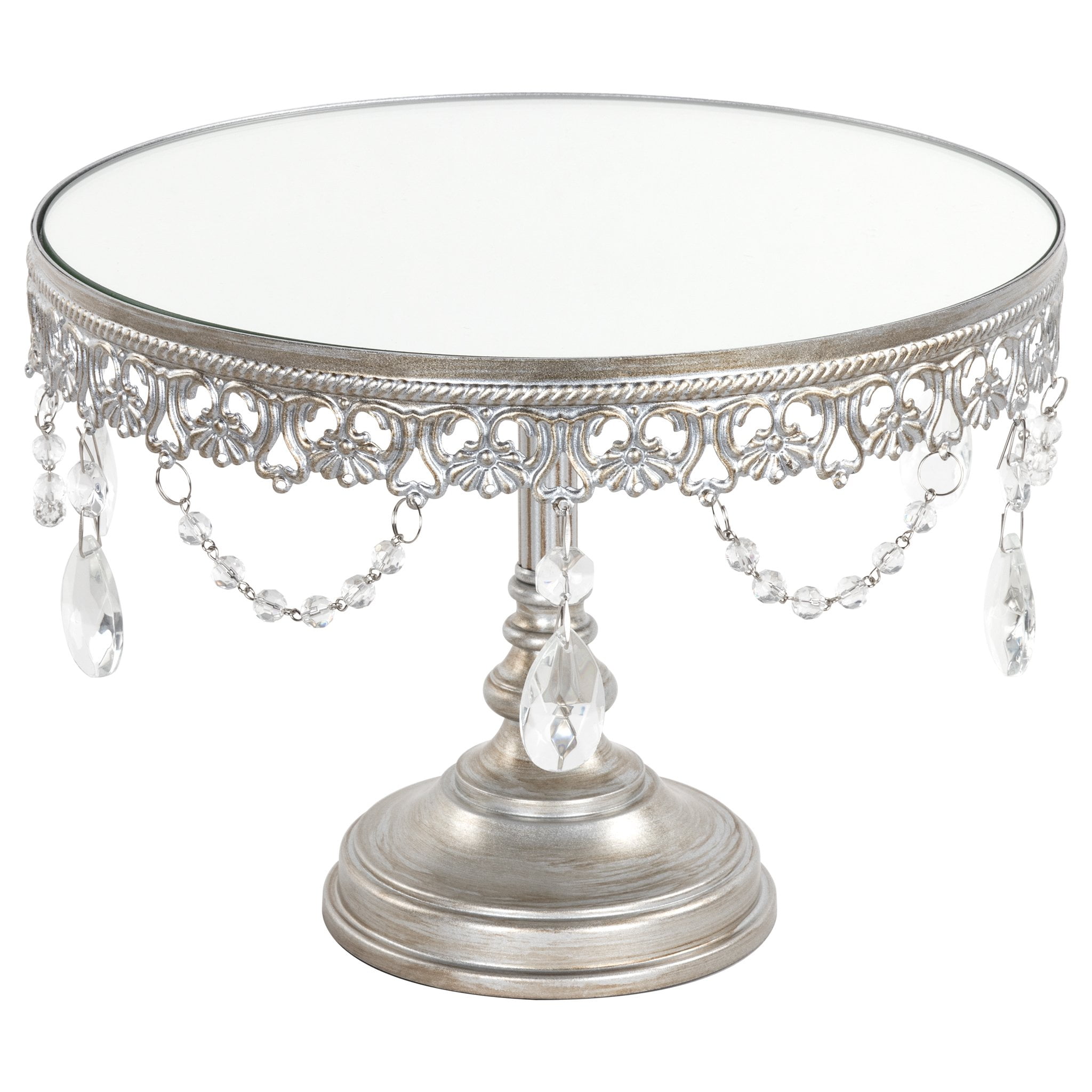 Amalfi Décor 10 Inch Vintage Round Mirror Top Crystal Cake Stand Silver Stainless Steel Frame