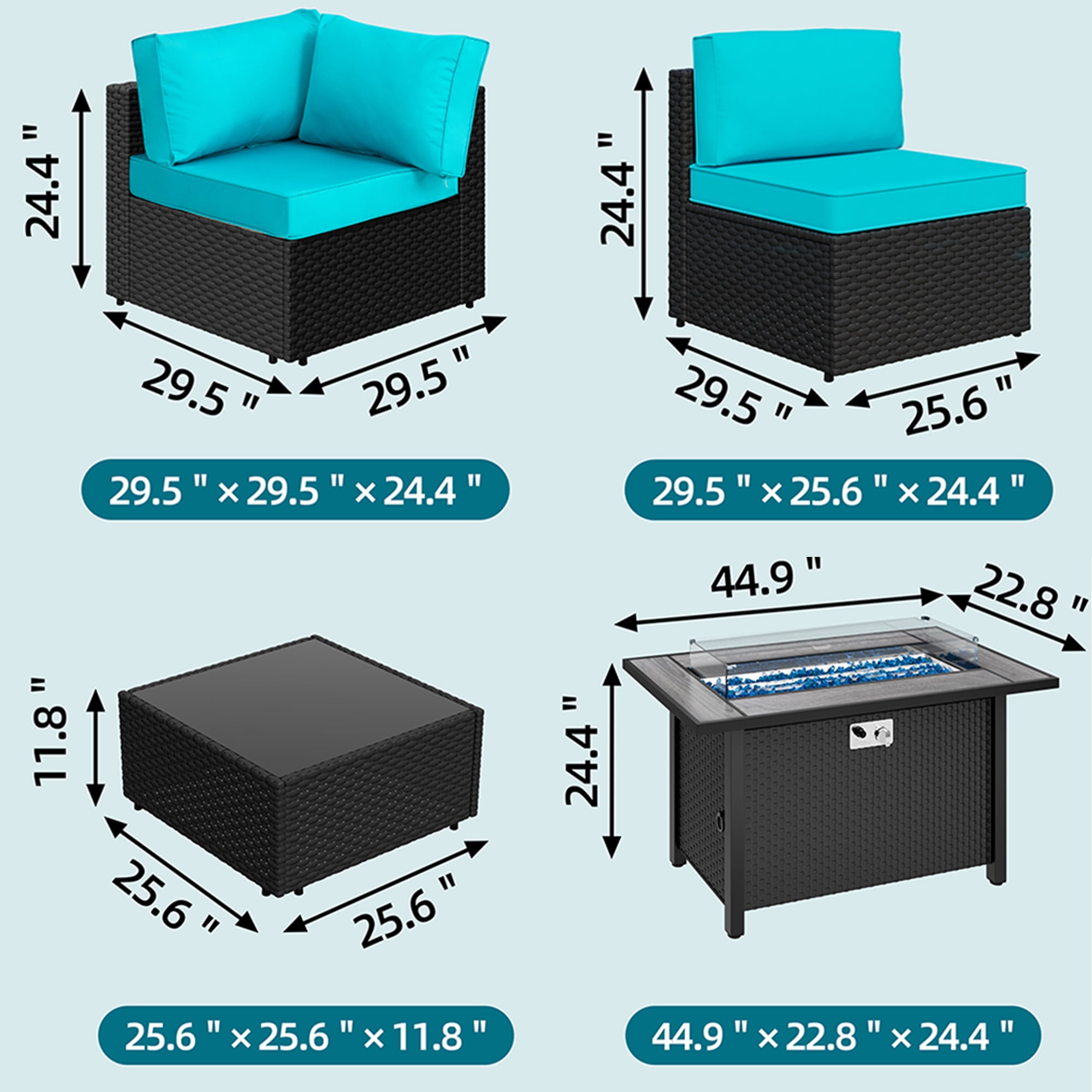 Walsunny 15 Pieces Patio Wicker Rattan Fire Pit Furniture Conversation Sets with Outdoor Sectional Sofa,45" Gas Propane Fire Pit Table,Glass Coffee Table,Black Rattan Blue Cushion