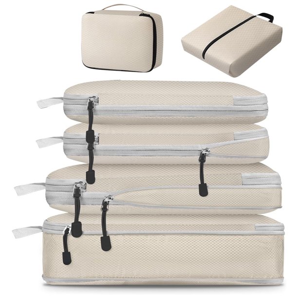 Bolsa Organizador de Viaje para Maletas Compresión, 6pcs Bolsas Organizadora de Equipaje Viaje Accesorios, Impermeable Bolsas para Viaje Organizadoras Packing Cubes, Blanquecino