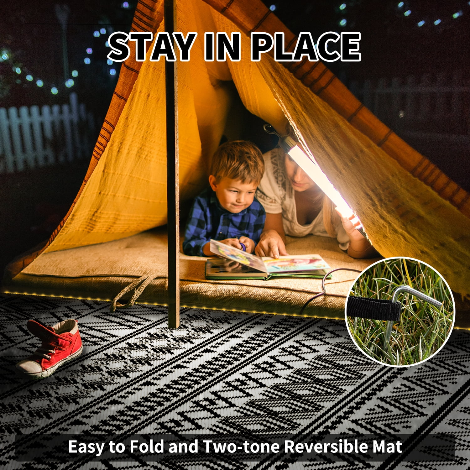 SIXHOME Outdoor Rug with LED Strip Lights 8'x10' Waterproof Reversible Patio Rug Boho Geometric Indoor Outdoor Rugs Lightweight Plastic Straw Rug for RV Camping Deck Balcony Modern Porch Decor Black