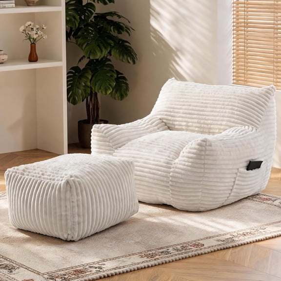 LQLI Oversized Bean Bag Chair with Ottoman, Bean Bag Couch with 2 Side Pockets, Corduroy Boneless Couch Chair in a Box, Comfy Lounge Chair for Living Room, Bedroom, Dorm