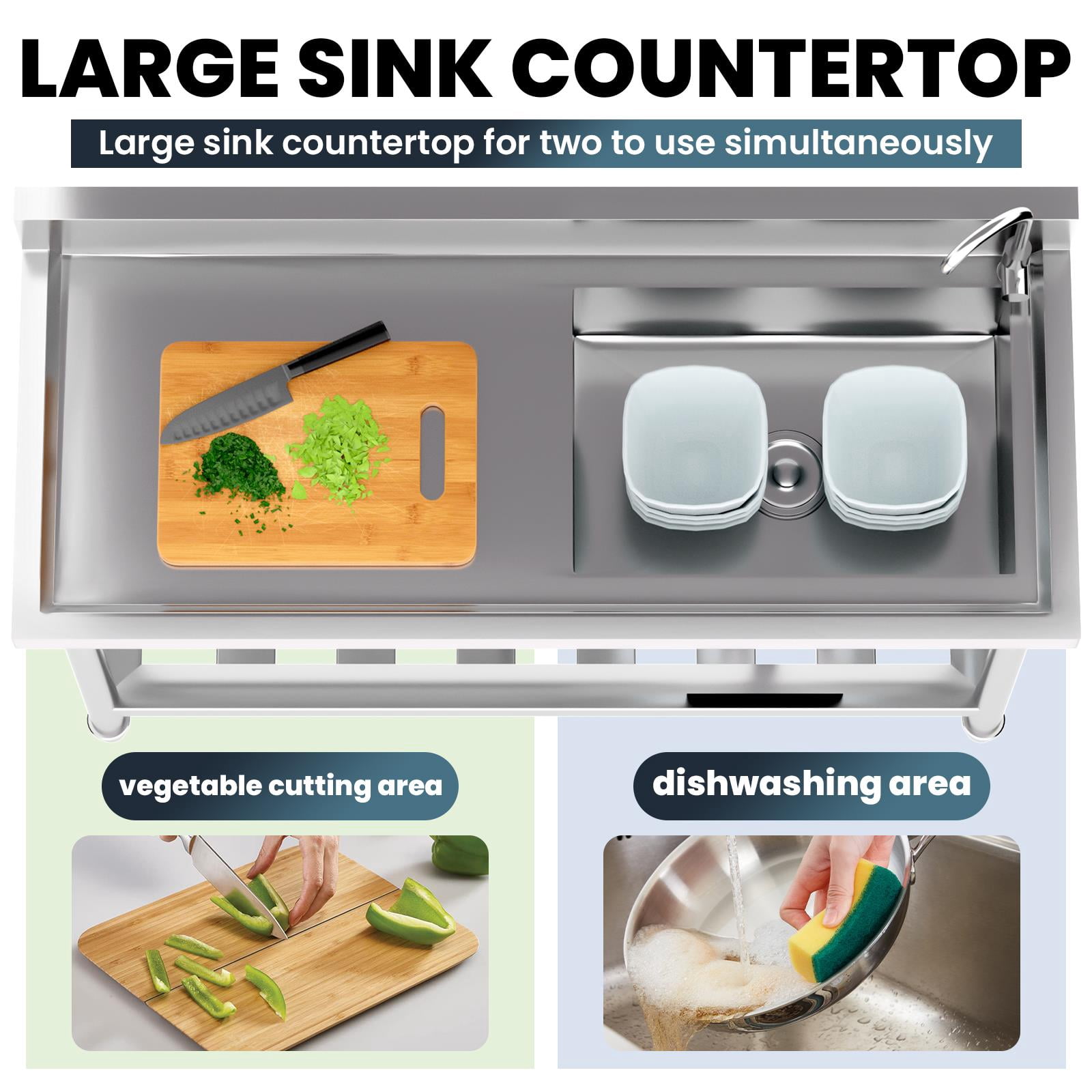 Zhuotong22" Free Standing Stainless Steel Utility Sink, Single Bowl Commercial Kitchen Sink with Faucet & Storage Shelf, Heavy-Duty Sink for Home, Restaurant, Indoor Outdoor Use