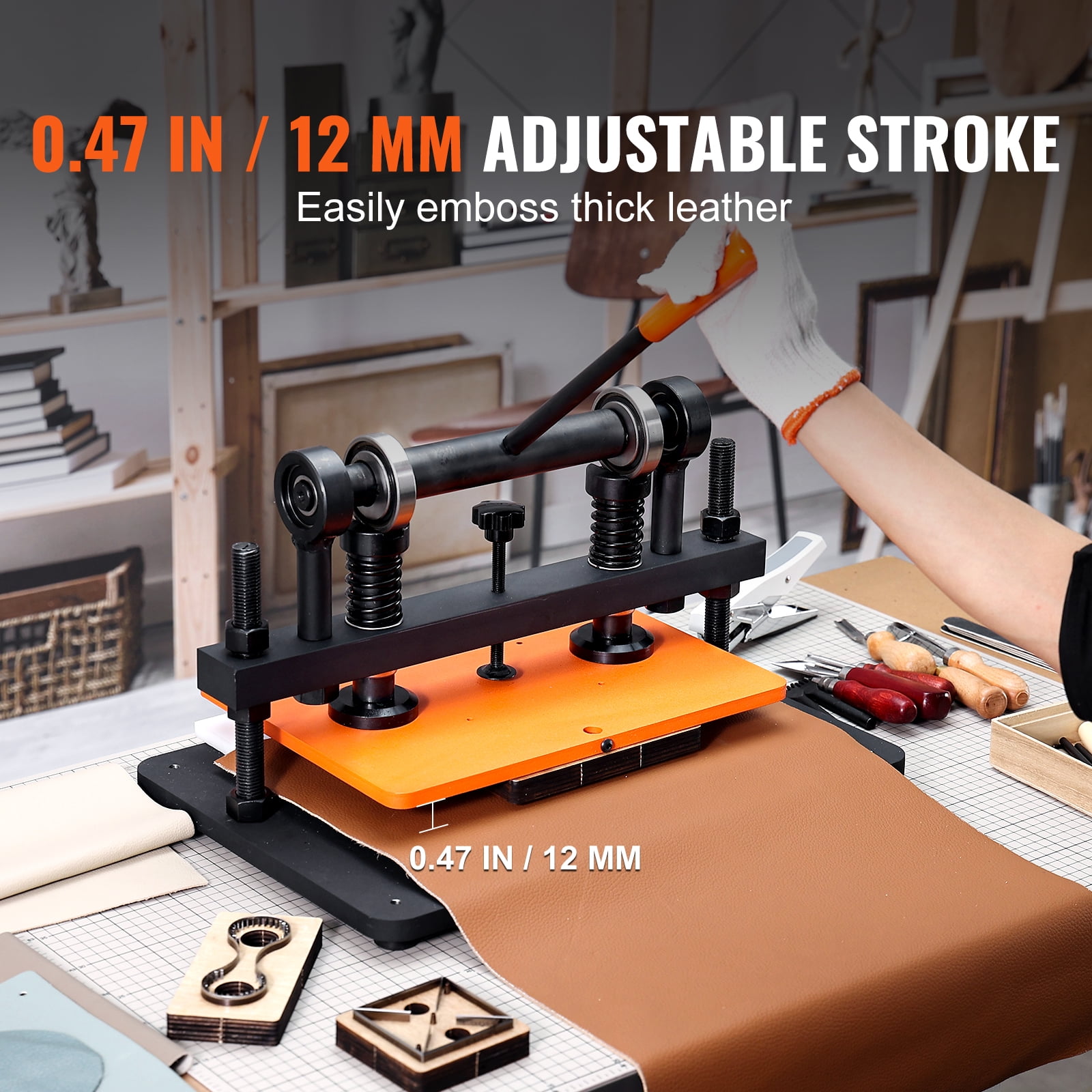 VEVOR Leather Cutting Machine, 14.2 x 10.2 in Embossing Plate Manual Die Cutter, 0.47 in Pressure Stroke Dual Guide Shafts Die Cut Machine, Leather Embossing Machine for Various of Materials