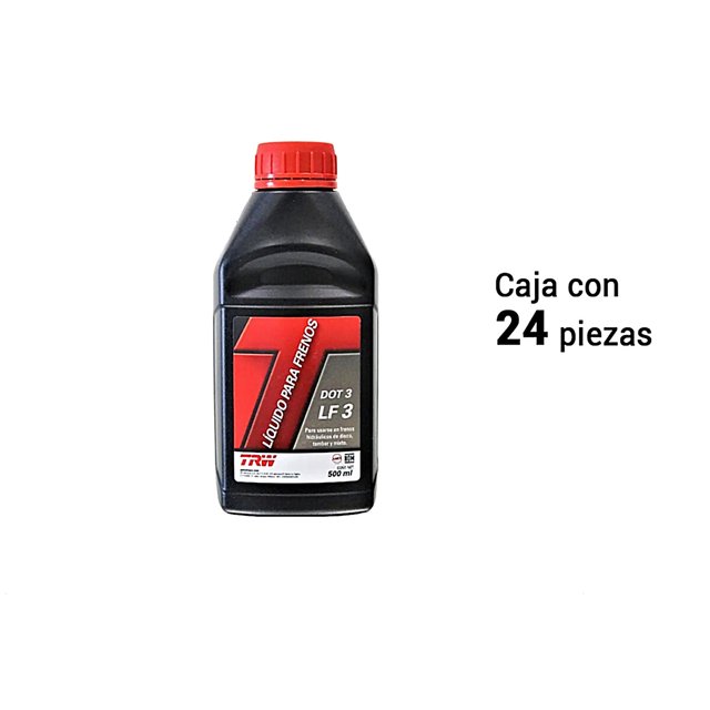 botellas de líquido para frenos trw dot 3 500 ml caja con 24 piezas Caja con 24 envases plásticos de 500 ml de líquido para frenos TRW DOT 3 con tapa roja y etiqueta frontal roja y negra que indica DOT 3 y LF3, vista frontal sobre fondo blanco; suele emplearse para mantenimiento de frenos hidráulicos.