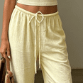 thumbnail image 3 of Morttic Women's Solid Color Drawstring Elastic High Waist Loose Wide Leg Pants with Pockets Beach Vacation Lounge Pants Yellow，L, 3 of 6