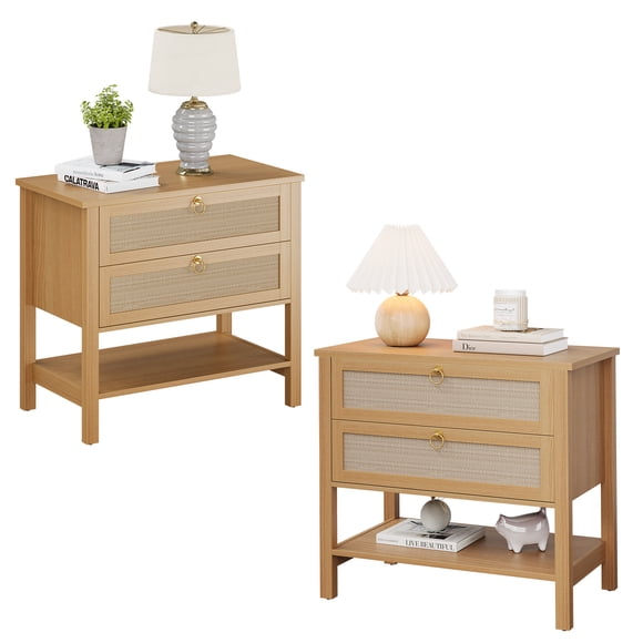 Modern Boho Rattan Nightstands Set of 2 – 2 Drawers, Storage Shelf, Mid Century Farmhouse Design, Ideal for Bedroom or Living Room, Cherry Wood
