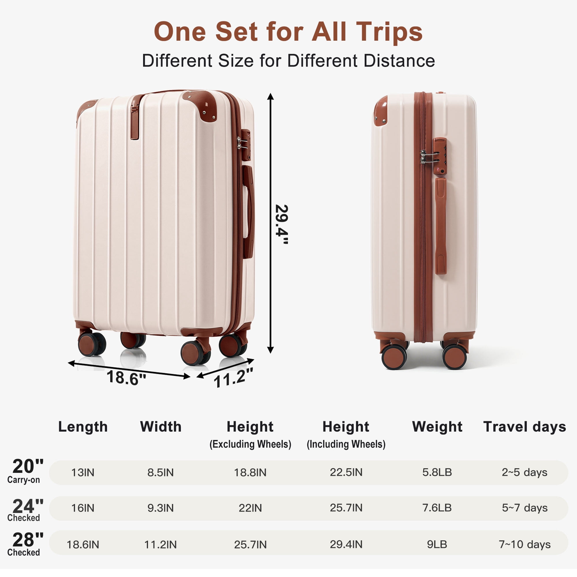 Euroco 3 Piece Luggage Sets, Lightweight Durable Hardshell Suitcase set with 360° Spinner Wheels,TSA Lock & Side Hooks,Large Checked Travel Suitcase for Family,Ivory