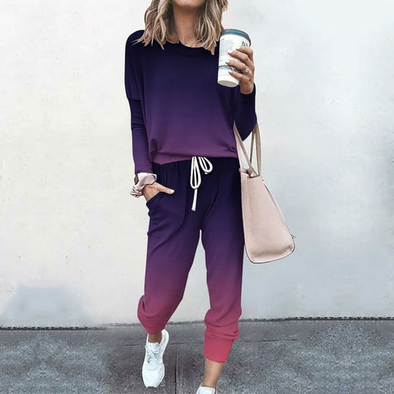 FAVIPT Women 2 Piece Outfit Gradient Crewneck Long Sleeve Track Suits Workout Drawstring Jogger Sets 2024 Fall Lounge Sets Light Blue 3XL