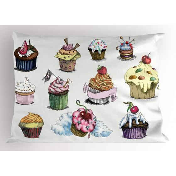 Dessert Pillow Sham Yummy Cupcake Medley With Sprinkled Frosting And Cherry On Top Sketchy Illustration Decorative Standard King Size Printed Dessert Pillow Sham Yummy Cupcake Medley With Sprinkled Frosting And Cherry On Top Sketchy Illustration Decorative Standard King Size Printed