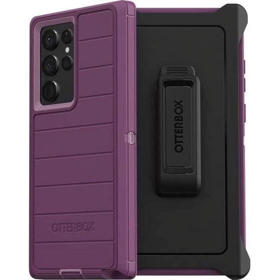 OtterBox Defender Case and Belt Clip Stand for Samsung Galaxy S22 Ultra, Happy Purple