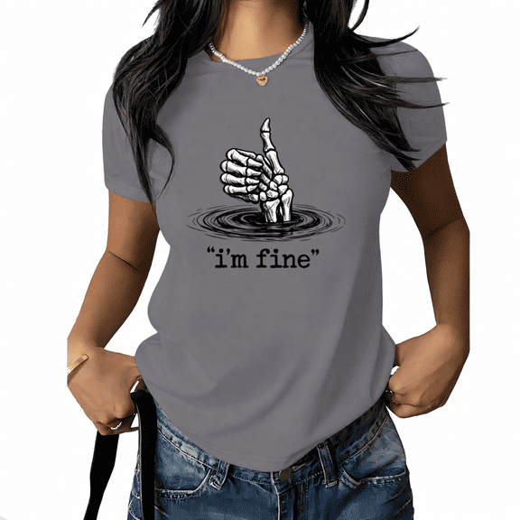 UNISHE Women's Positivity Skeleton Graphic T-Shirt Thumbs Up Relatable Tee I'm Fine Summer White Top