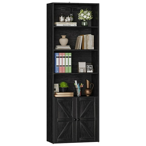 Industrial Bookshelf and Bookcases with Doors Modern Bookshelf Cabinet Tall Book Shelves Storage for Home Office, Bedroom (Black)