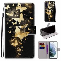 SaniMore for Samsung Galaxy S23 Ultra 2023 PU Leather Case with Card Slots Detchable Lanyard Color Painting Luxury Pattern Flip Kickstand Shcokproof Wallet Case For Galaxy S23 Ultra, Gold Butterflies
