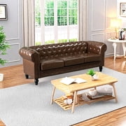 Chesterfield 3-Seater Faux Leather Button Tufted Sofa Couch with Rolled Arms Solid Wood Legs