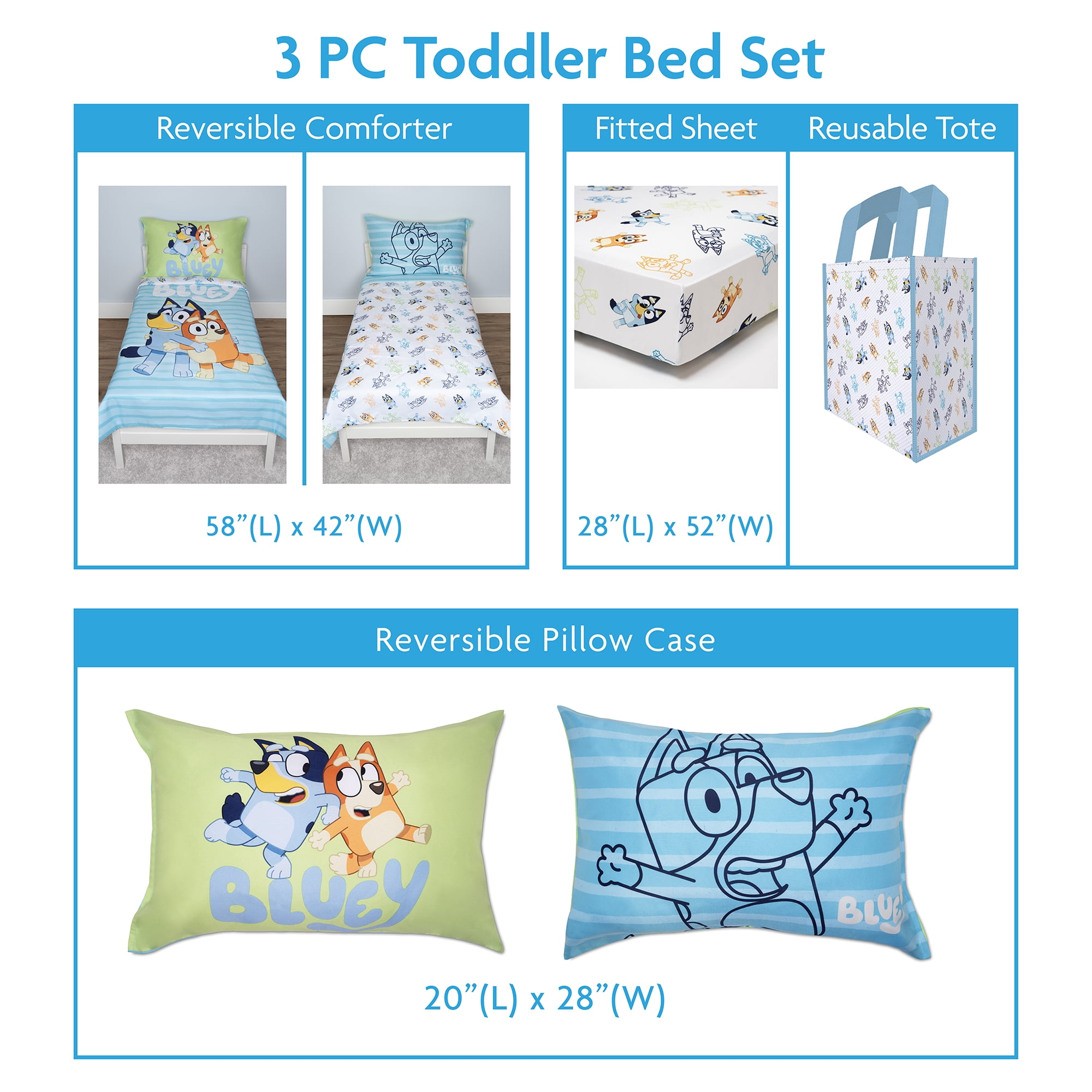Bluey 3pc Toddler Bed Set w/Print Tote Bag - Bluey and Family