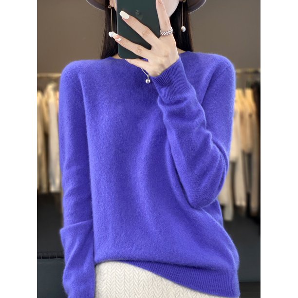 Suéter de punto de lana merino 100 % pura para mujer, jersey de cuello redondo a la moda para otoño e invierno, jersey sin costuras, ropa cálida de cachemira