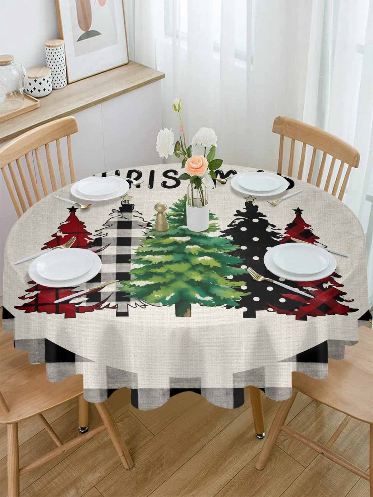 Round Tablecloth Merry Christmas Waterproof Oil Proof Polyester Table Cloth Cover Decor for Home Dining Outdoor,Patio,Parties, 60" Dia. Farmhouse Plaid Christmas Tree