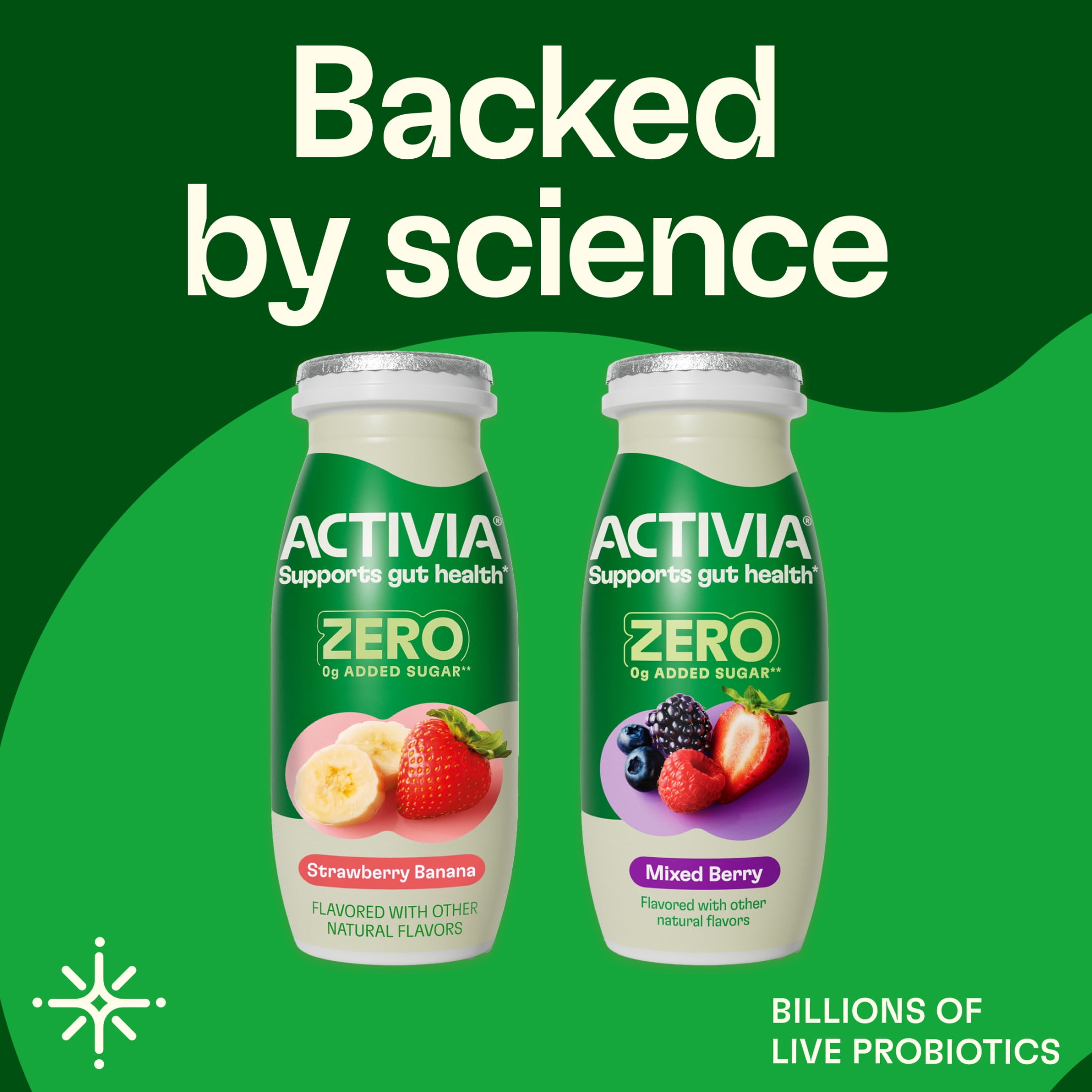 Activia ZERO 0g Added Sugar Strawberry Banana and Mixed Berry Probiotic Dailies Low Fat Yogurt Drinks, Helps Support Gut Health, 3.1 fl oz, 8 Count