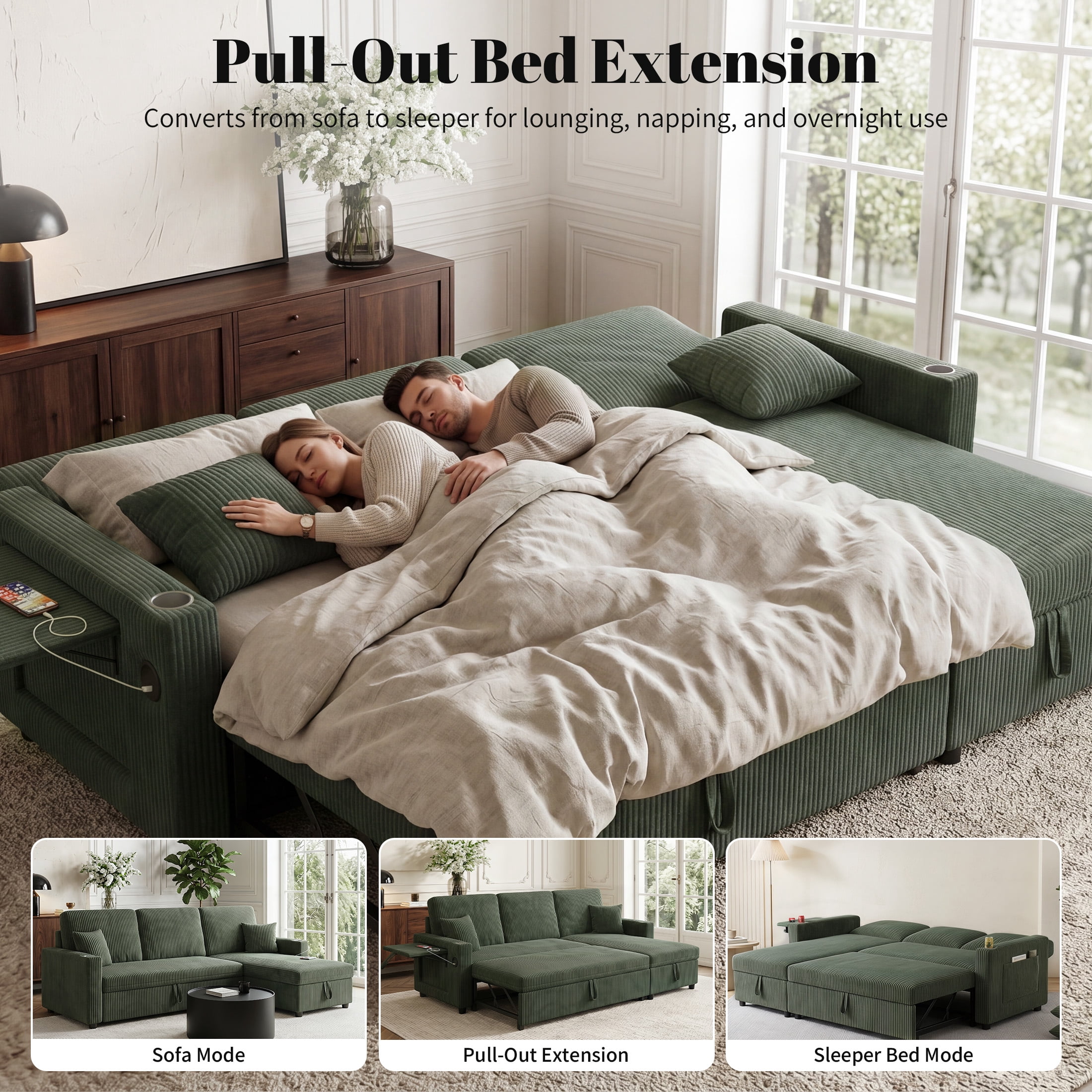 Aenkyo 84" Corduroy Pull Out Sofa Bed with Reversible Storage Chaise and USB Charging, Green
