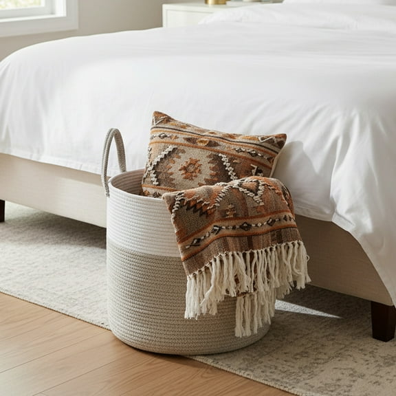 PinkSheep Laundry Basket, 56L Collapsible Woven Cotton Rope Laundry Hamper Storage Baskets Plant Basket Stand with Handles, Ivory Brown