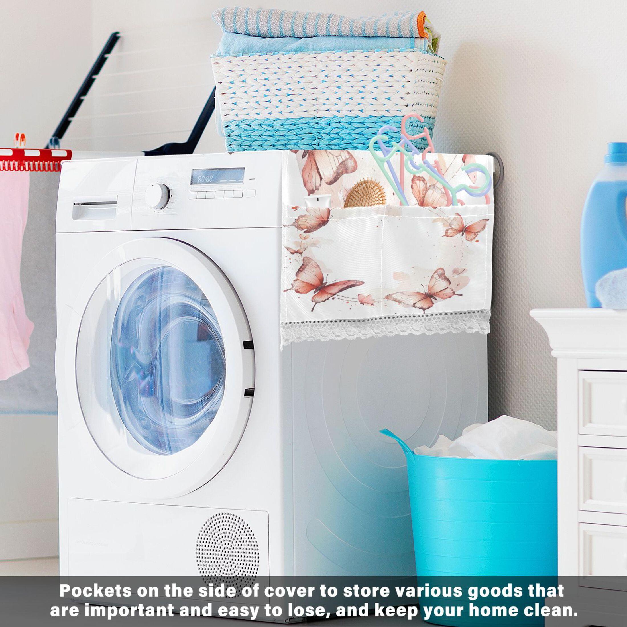 Red ButterflyWasher and Dryer Covers Dust-Proof and Oil Resistant Fridge Cover with 4 Storage Pockets Washing Machine Top Cover for Laundry Kitchen Home 51.2 x 22 In