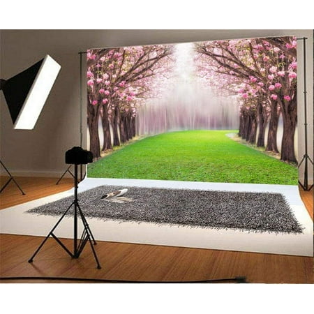 Image of ABPHOTO 7x5ft Photography Backdrop Romantic Tunnel Green Grass Road Pink Flower Tree Photo Background Backdrops
