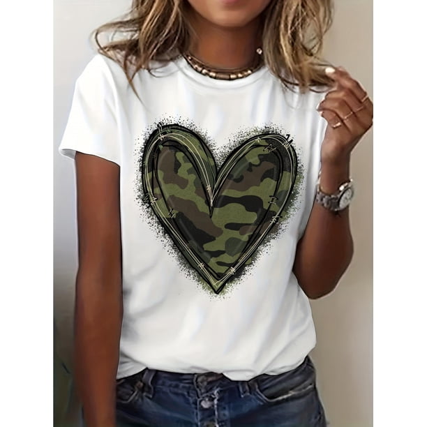 1pc Women'S Casual Cotton T-Shirt with Camouflage Love Heart Graphic, Crew Neck Short Sleeve Top for Summer & Spring