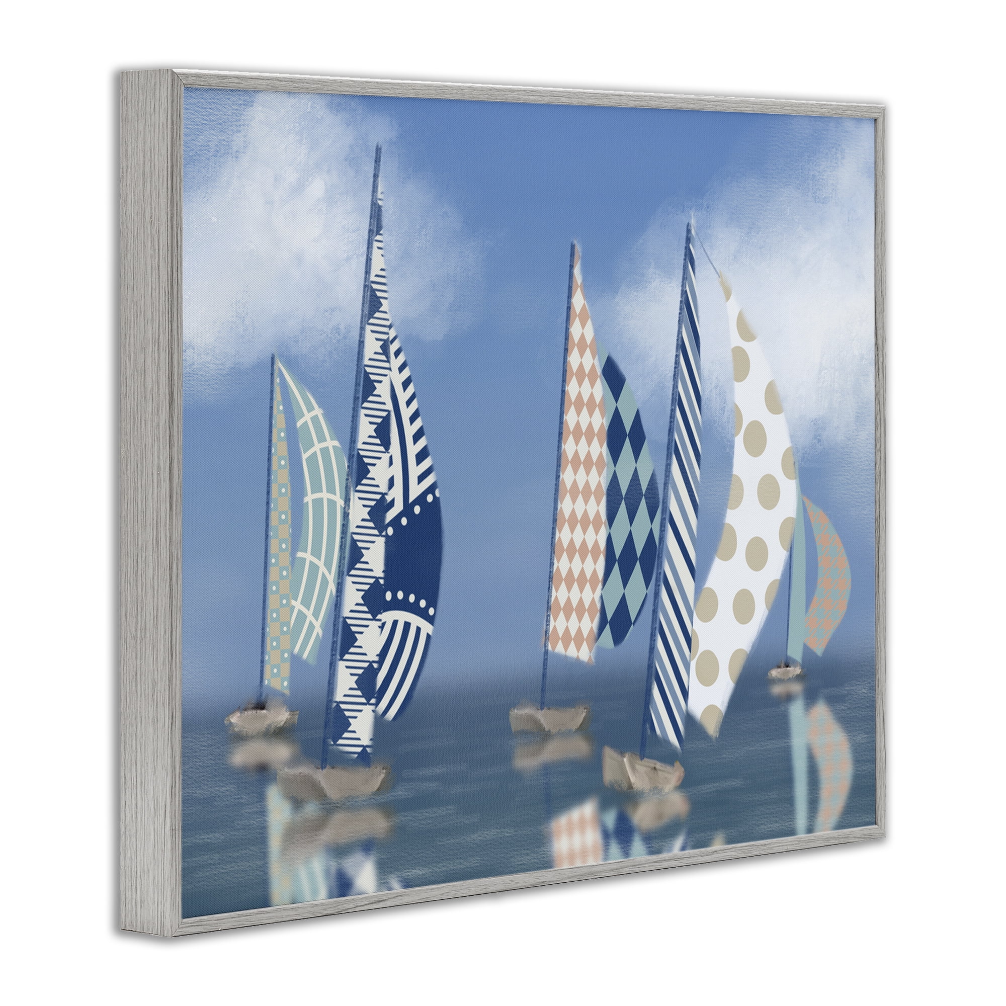 Stupell Industries Patchwork Coastal Sailboats Transportation Painting Gray Framed Art Print Wall Art, 14 x 11