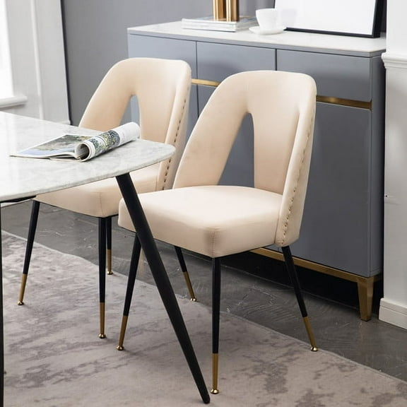 Dining Room Chairs Set of 2, Velvet Upholstered Dining Accent Chairs with Nailheads and Gold Tipped Black Metal Legs, Modern Leisure Lounge Side Chairs for Kitchen, Living Room and Bedroom, Beige