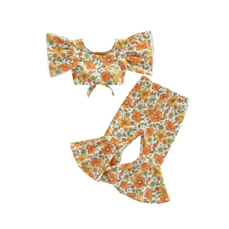 

CenturyX Girls Summer 2PCS Outfit Set Ruffled Sleeve Flower Printed Tie-Up Crop Tops and Elastic Waist Flare Pants Multi-color 9-12 Months