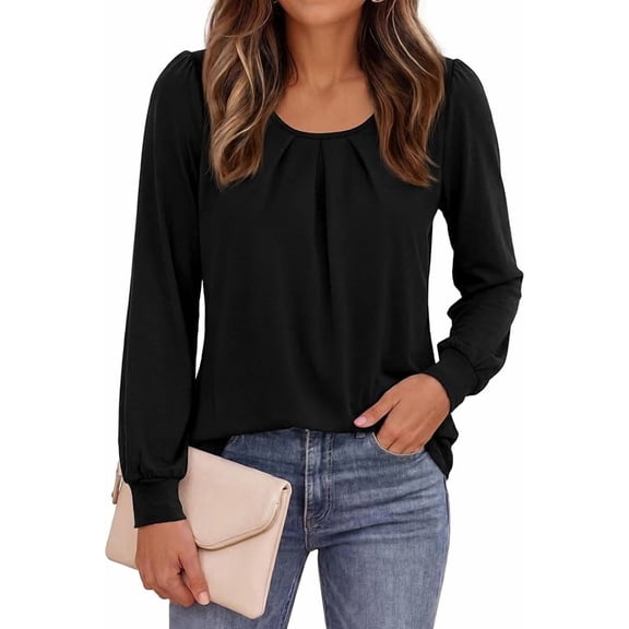 PRETTYGARDEN Womens Long Puff Sleeve Tops Crew Neck Blouse | Pleated Front, Loose Fit Soft, Business Casual Work Shirts, Dressy Daily Wear, School Travel Outfits, Fall Winter Clothing
