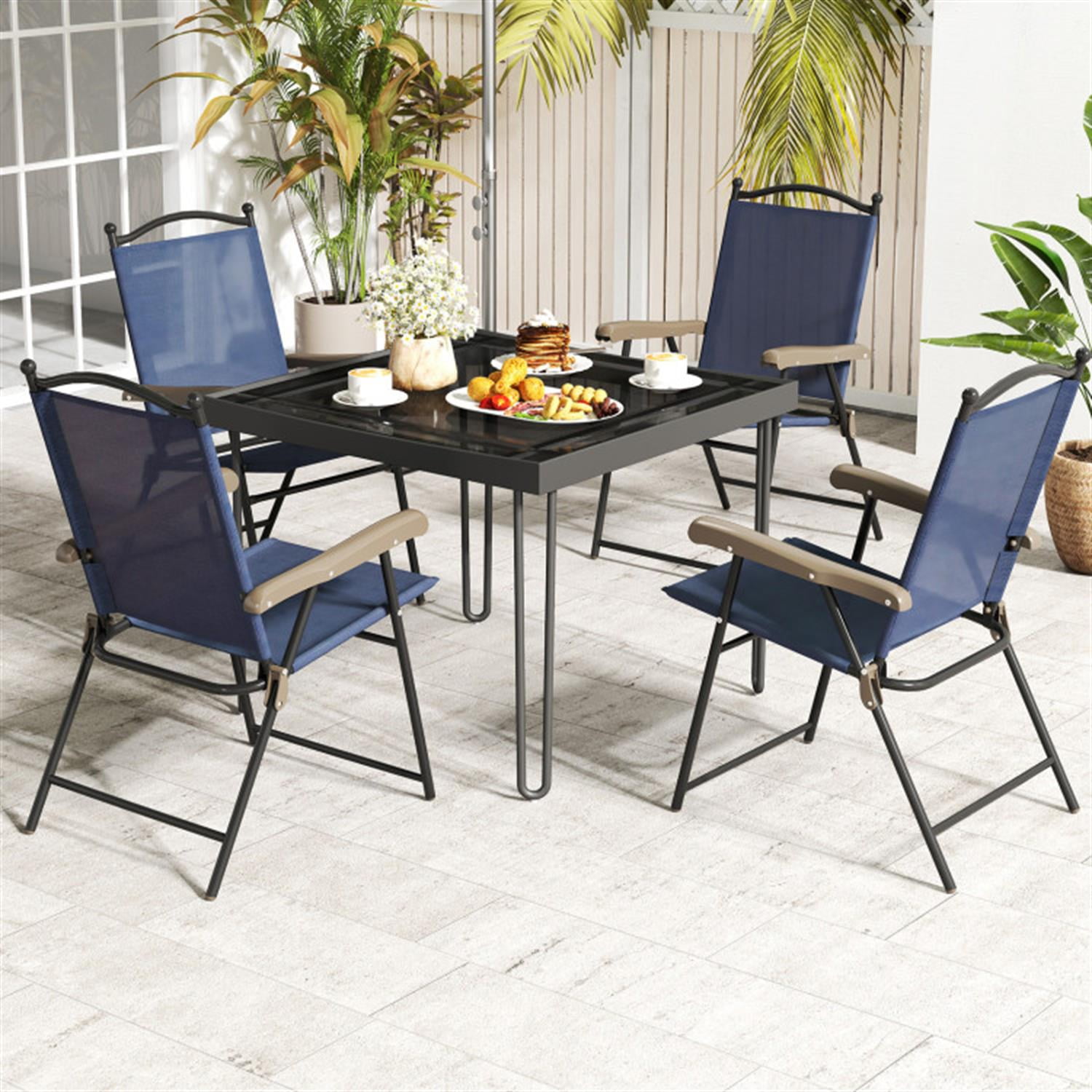 Demi Bonn Set of 2 Patio Folding Sling Back Camping Deck Chairs, Outdoor Accent Furniture Lounge Chairs for Yard, Garden, Blue