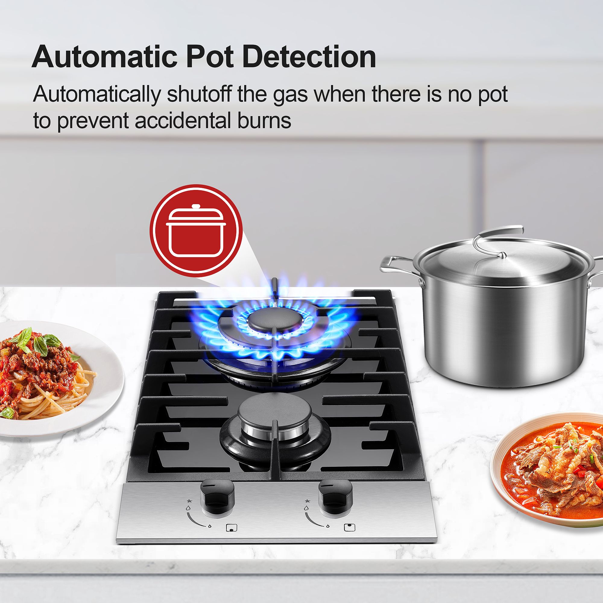 Amzgachfktch 2 Burners Gas Cooktop Stove Oven 12 inch Stainless Steel NG/LPG Convertible Easy Clean