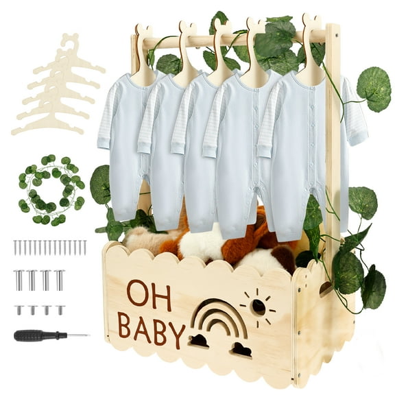 LINFANG Wooden Baby Shower Crate Closet with Handle, Practical Baby Shower Basket with Clothes Hangers and Garland Welcome Baby Gifts, Suitable for Pregnancy Glfts for New Parent