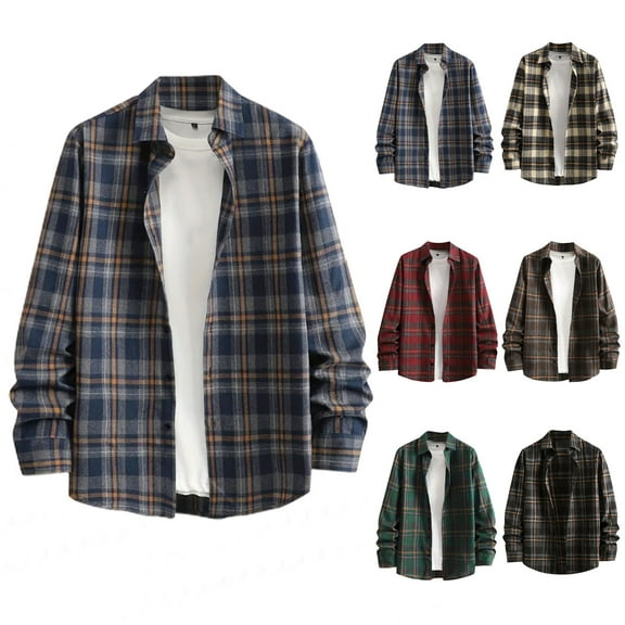 Dgankt Shirts for Men Casual Turndown Collar Button with Pockets Plaid Long Sleeved Shirt,Size S-2XL