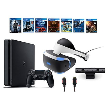 PlayStation VR Bundle 9 Items:VR Headset,Playstation Camera,PS4 Slim- Uncharted 4,6 VR Game Disc Until Dawn:Rush of Blood, EVE:Valkyrie,Battlezone,Batman:Arkham VR,