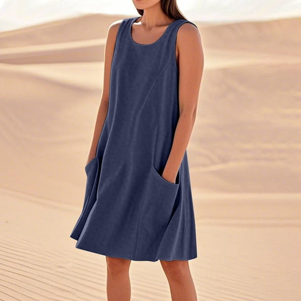 WILLBEST Vestido Midi De Verano Para Mujer, Largo Hasta La Rodilla, Informal, Para Playa, Resort, Sin Mangas, Color Liso, Con Bolsillos